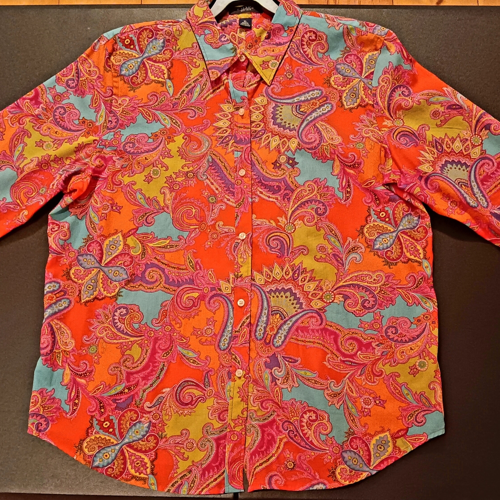 Chaps Orange and Pink Casual Button Down Shirt